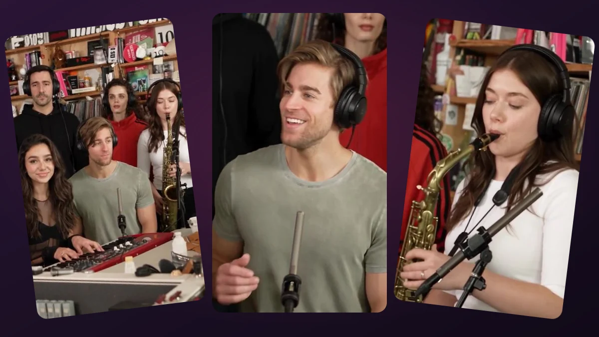 Three tilted stills from the Tiny Desk AI sample band video