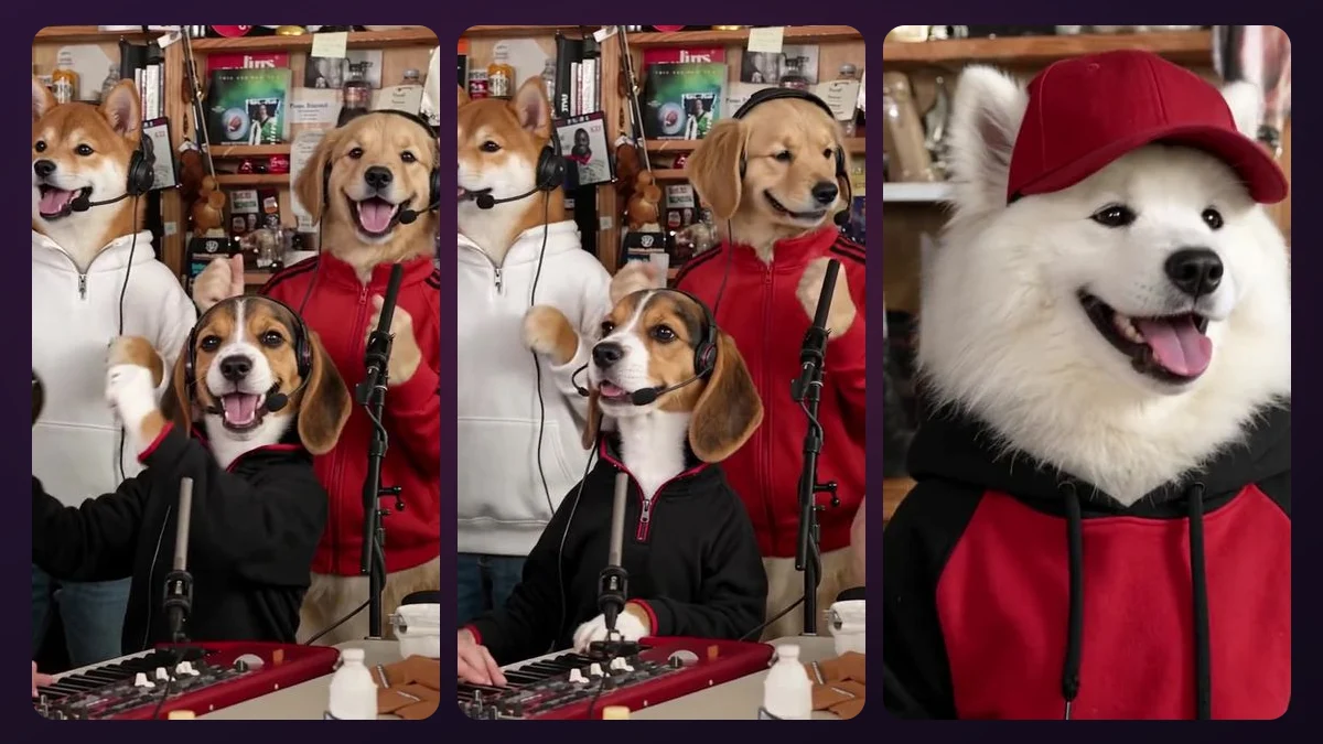 Three stills of the dog band from the Tiny Desk sample video