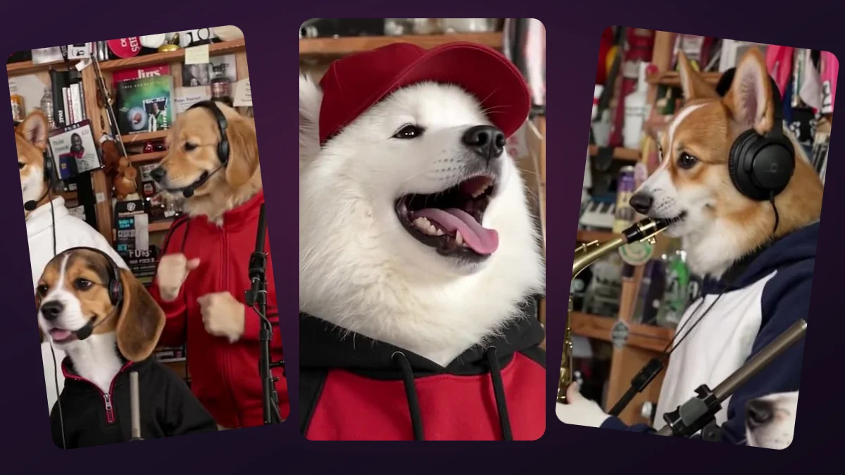 Three stills of the dog band from the Tiny Desk sample video