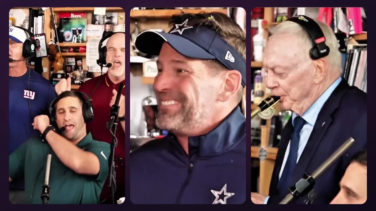 Three stills from an NFL-style Tiny Desk sample video